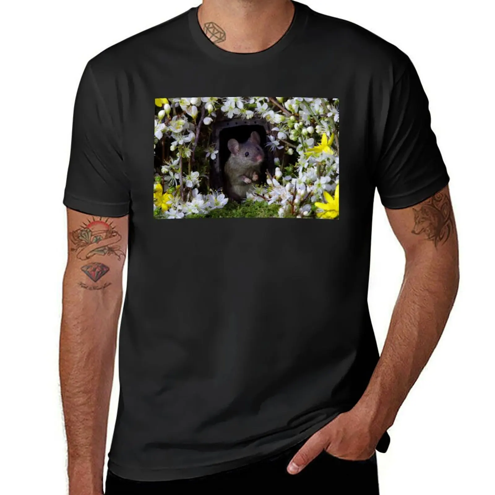 George the mouse in a log pile house - SPRING flowers T-Shirt summer top anime clothes plus sizes t shirt for men