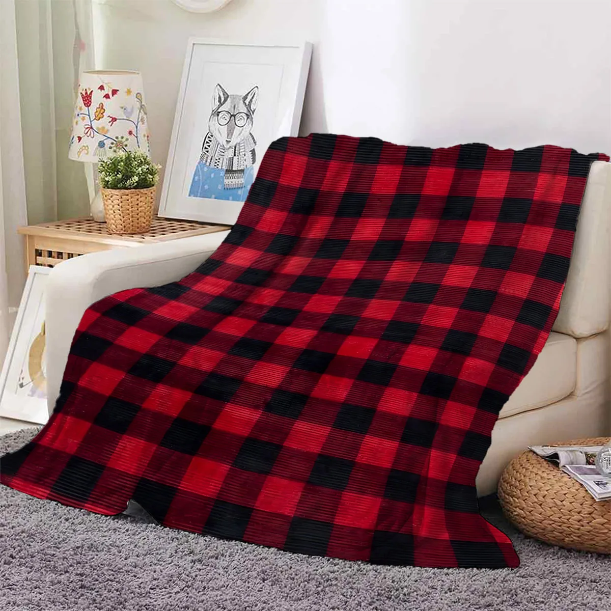 1PC Red and black checkered flannel wool blanket, 260GSM thick men's and women's birthday gift blanketGift Blanket