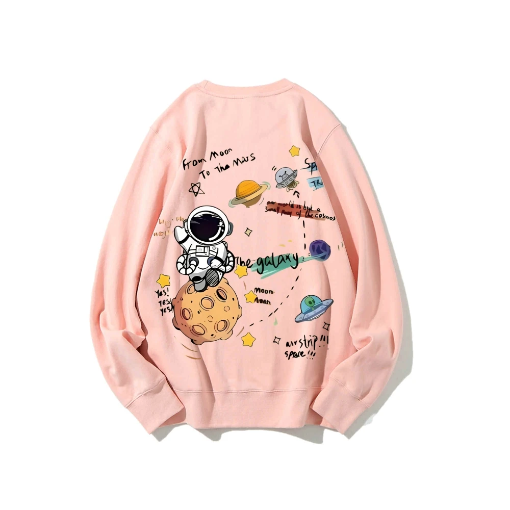 Cartoon Astronaut Space Adventure Print Sweatshirt Casual Style Long Sleeved Hoodie Comfortable Loose Unisex Classic Pullover