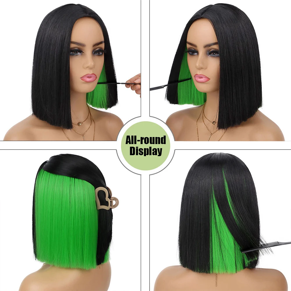 여성용 12인치 피카부 밥 가발, 짧은 스트레이트 밥 가발, 어깨 길이 검정색 및 빨간색 합성 가발, 데일리 파티용