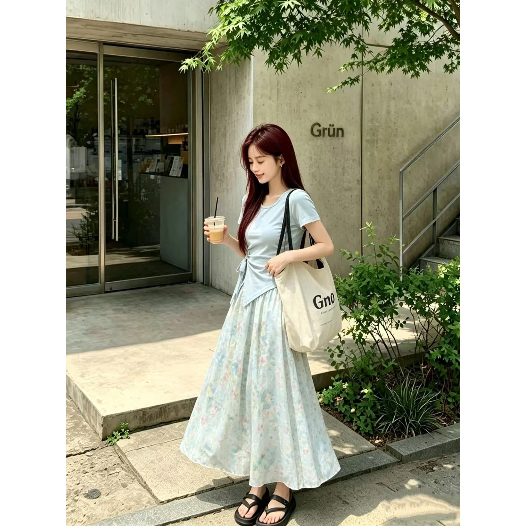 Retro Oil Painting Gradient Flower Half Skirt Women's Collar Top plus Size Two-Piece Set City Walk Casual Other Material 100%