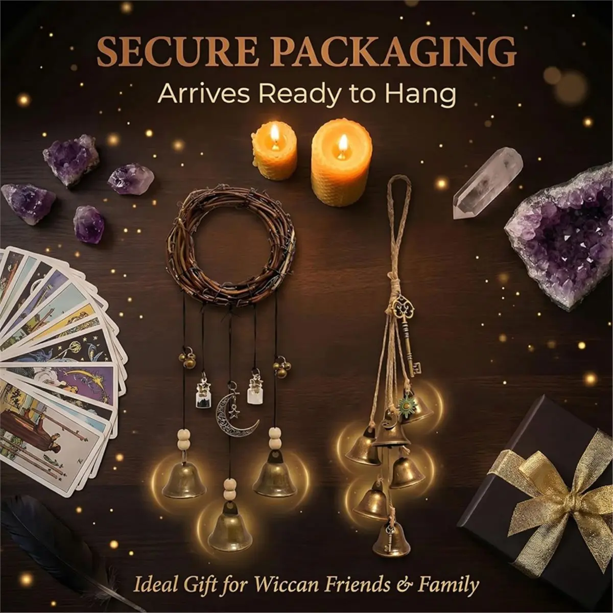 newA10R Witch Bells for Door Knob for Protection, 2 Pack Handmade Witch Bells 13.5 & 12.2 Inch with Brass Bells and Spell Jars