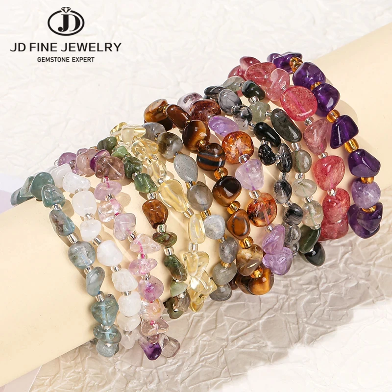 JD Natural Stone Irregular Gravel Quartz Amethyest Bead Bracelet Women Reiki Healing Polished Handmade Stretch Bracelet Jewelry