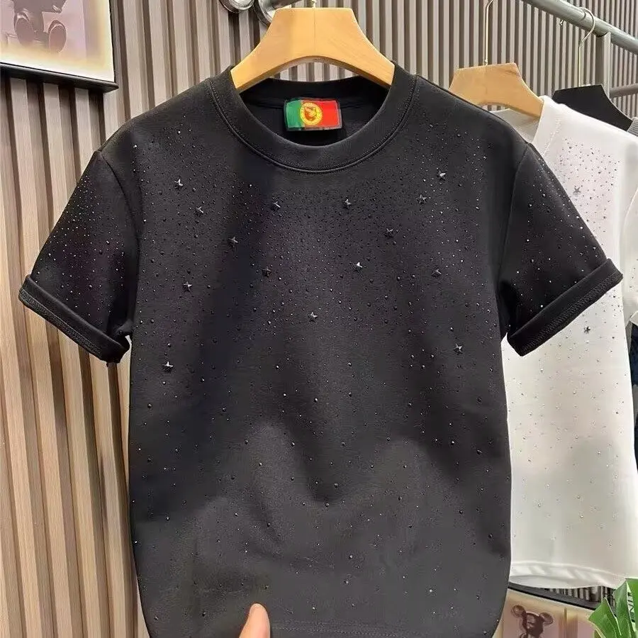 Summer New Men's Luxury Star Rhinestone Short Sleeve T-Shirt Fashionable Versatile Top Quality Polyester Fiber round Neck