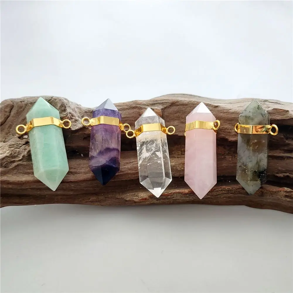 FUWO 1Pcs Natural Crystal Quartz Double Point Pendant, Handmade Hexagonal Prisms Accessories For Necklace Making PD451