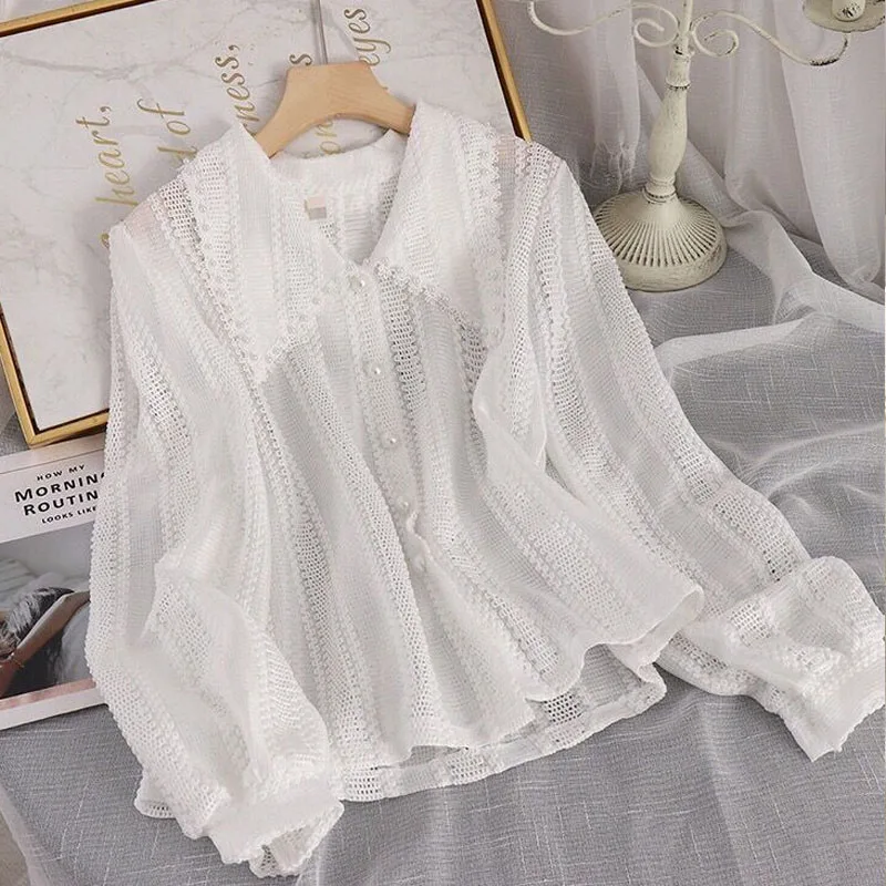 Spring Elegant Lace Blouses Women New 2024 Hollow Out Peter Pan Collar Tops Fashion Office Ladies Long Sleeves Solid Shirt 14562