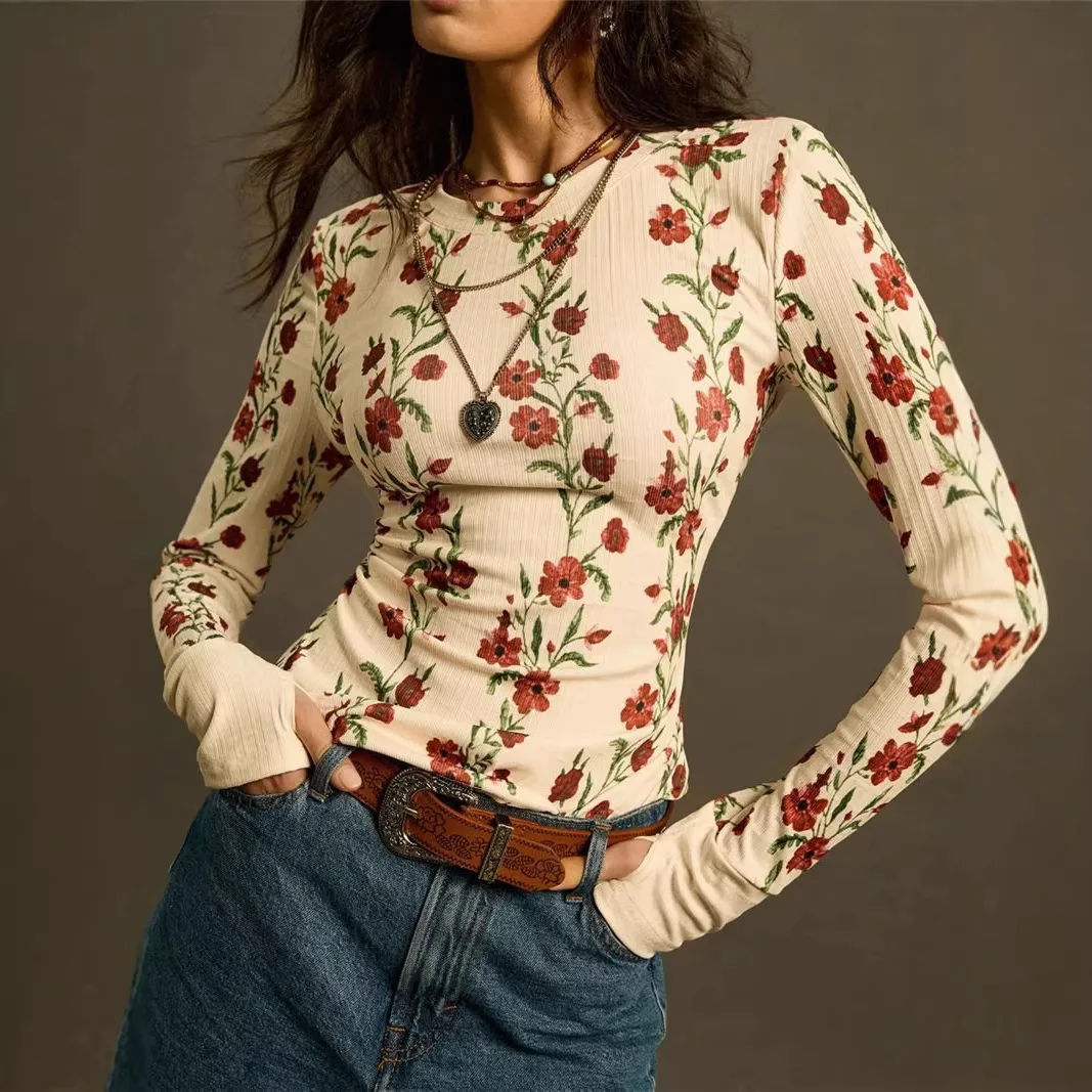 

2026 Spring Women's New Fashion Retro Floral Print Knitted Slim Skin-friendly Long-sleeved T-shirt for Women