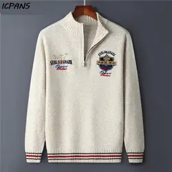 Suéter de lana de algodón con media cremallera para hombre, suéter de punto con letras Vintage, rojo y negro, chaquetas de abrigo para hombre