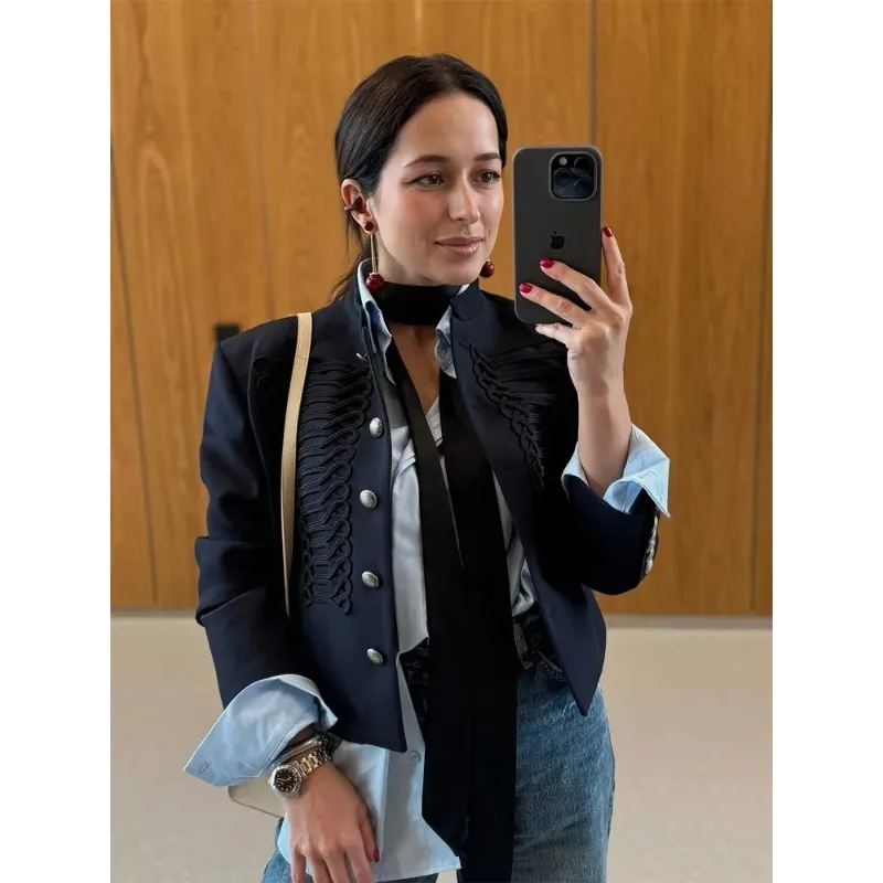 

Women Retro Denim Military Jacket Lady Vintage Solid Stand Collar Single Breasted Slim Short Jackets Daily Street Outerwear