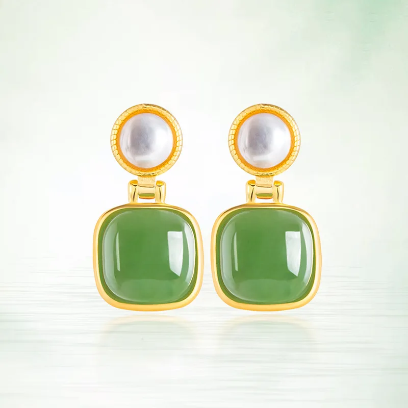 Spinach Green Natural Old Material Hotan Jade Jasper Square Pearl Earrings Female Genuine S925 Silver Jadeite Jewelry Drop Ship