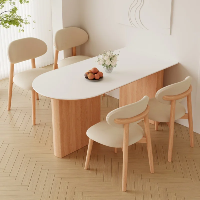 

Nordic Solid Wood Rock Slab Semi-round Dining Table Cream Wind Island Integrated Household Small Apartment Oval Minimalist
