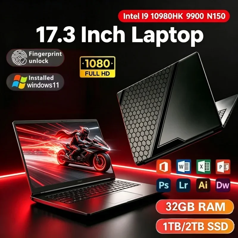 Powerful 17.3'' Notebook Intel Core I9‑10980HK 9900 N150 32GB RAM 2TB SSD Fingerprint Unlock Win11 System Business Gaming Laptop