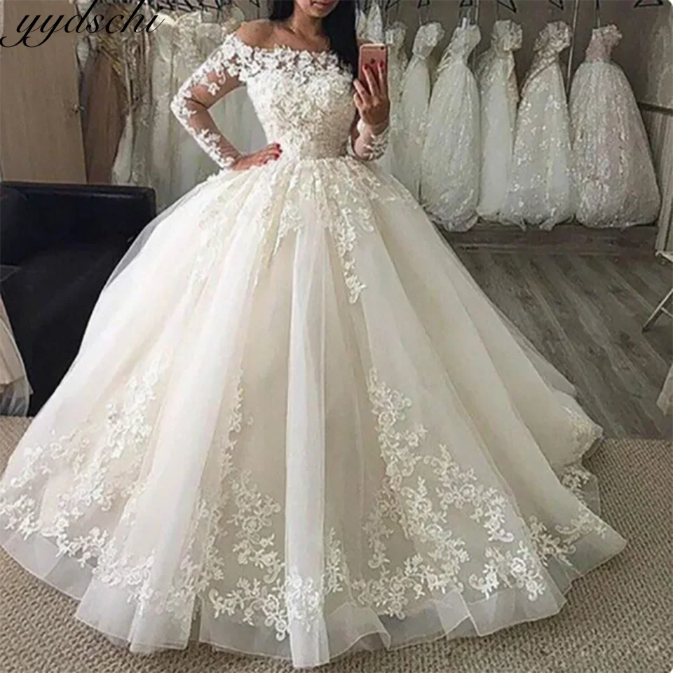 

Charming Lace Appliques Off The Shoulder Ball Gown Wedding Dresses 2024 Backless Flower Court Train Tulle Bridal Gowns For Women