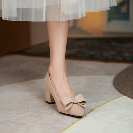 

Большие размеры; Туфли на высоком каблуке с острым носком; Замшевые туфли на толстом каблуке с бантом; Милые Удобные туфли; Большие размеры