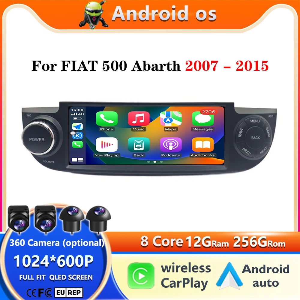 Radio Multimedia para Auto con GPS y Navegación, Pantalla de 7 Pulgadas, Android 16, Carplay, para FIAT 500 Abarth 2007-2015, Reproductor Multimedia, Pantalla Dividida, Video, DSP, 4G, BT