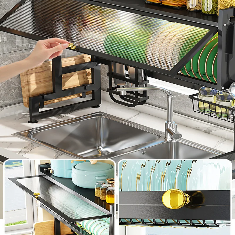 Kitchen Sink Cabinet Door Rack Countertop Sink Shelf with Door Dust-Proof Cutlery Cutting Board Drain Rack Bowl Plate Organizer