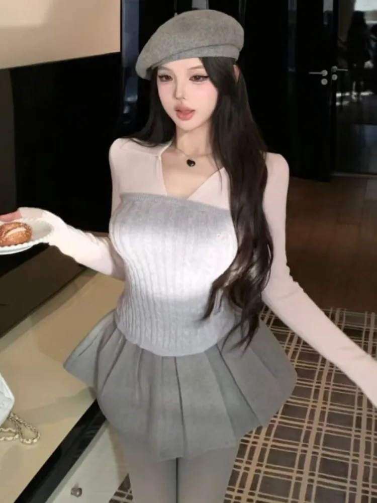 

Color Block Long Sleeve Knitted Sweater And Half Skirt Three Piece Set for Women Sweet Style Slim Fit Winter Outerwear Coat