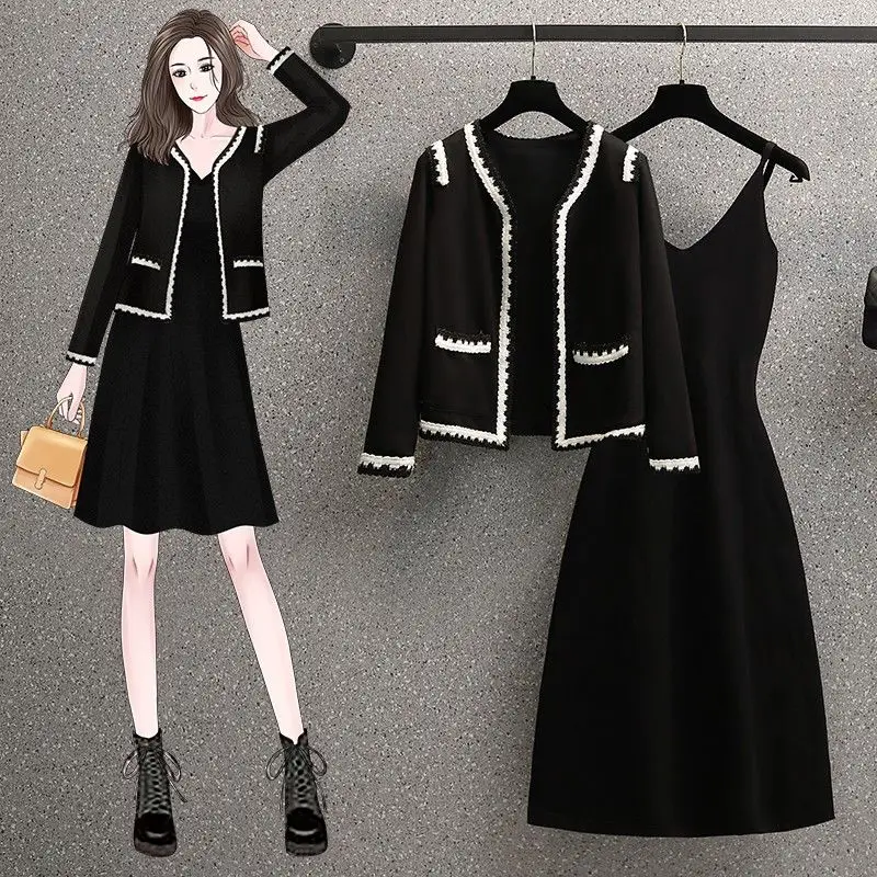 2022 Korean Popular Autumn New Slim Fit Jacket Cardigan Coat Sling Mini Dress Elegant Women's Skirt Set Exquisite Outfit