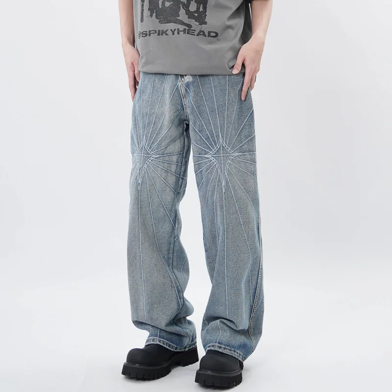 HKSH Spring Autumn Men Tide American High Street Spider Web Embroidered Jeans Hip Hop Trendy Straight  Vibe Denim Pants HK17268