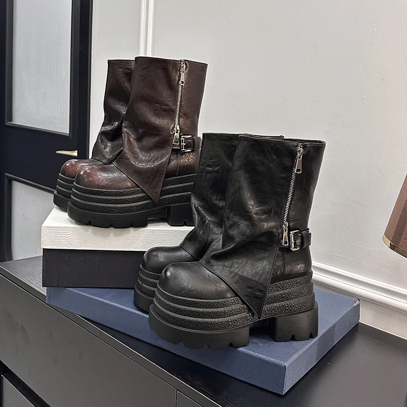 

Осенне-зимние женские короткие ботинки на толстой платформе 10 см, ботильоны на шнуровке, кожаные массивные кроссовки, мотоциклетные ботинки Botas Mujer
