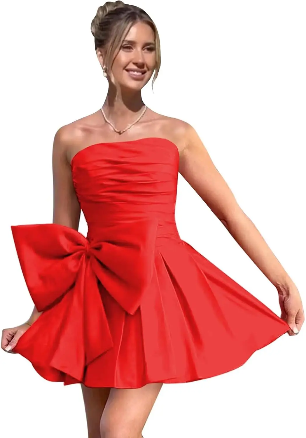 

Strapless Short Homecoming Dresses for Teens Ruched Bodice A Line Corset Back Satin Wedding Dress with Big Bow Cocktail Dresses