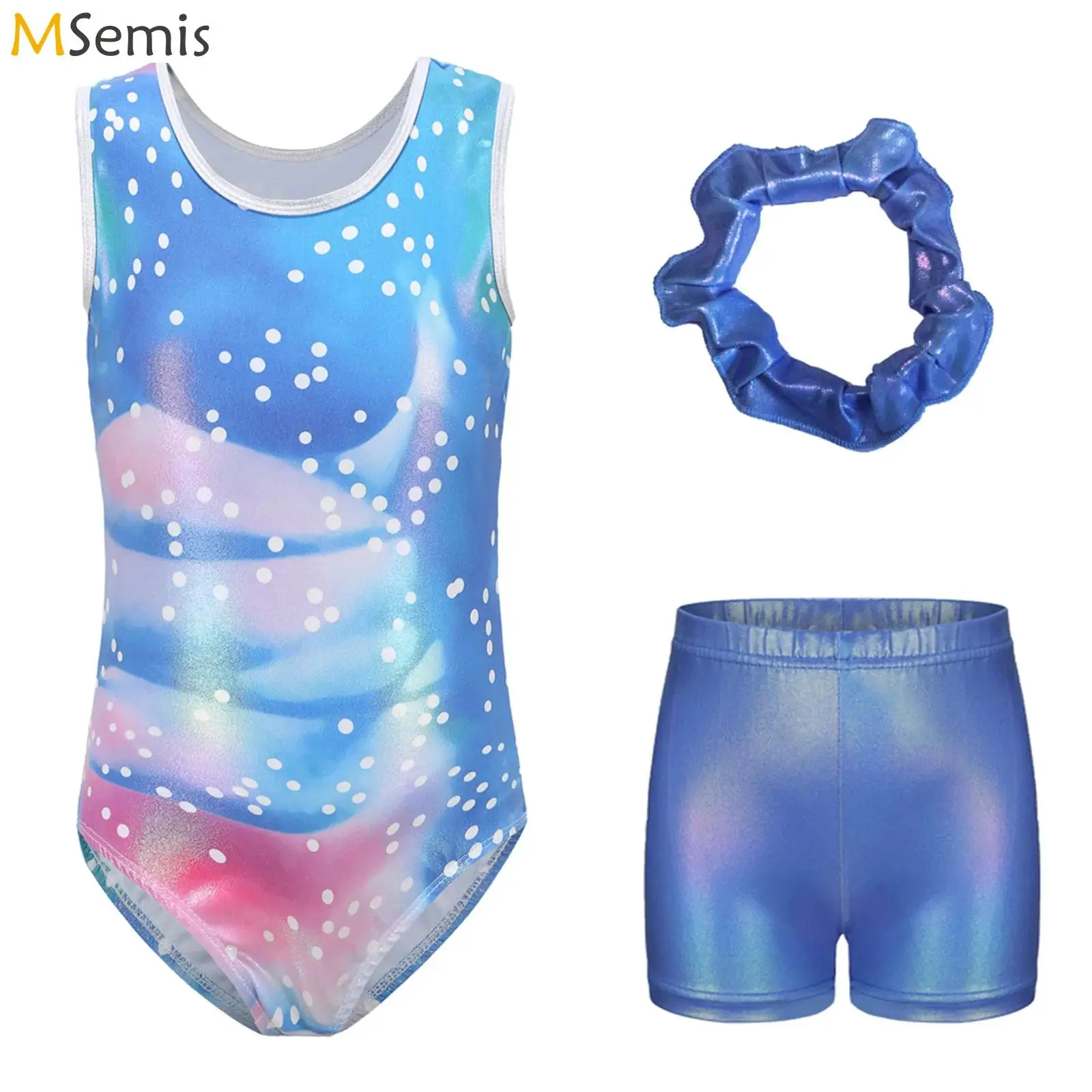 

Kids Girls Metallic Gymnastics Leotard Ballet Dance Outfits Performance Costume Bodysuit with Shorts And Hair Band Dancewear