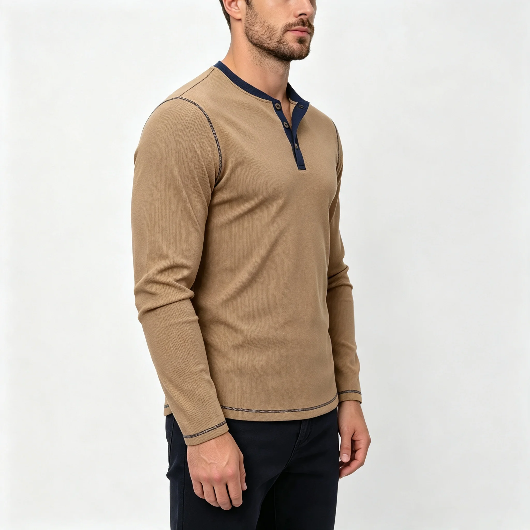 Autumn New Men's Buttoned Henley Long Sleeve Casual Solid Color Fashion T-Shirt with Color Block Stitching and Brushed Fabric
