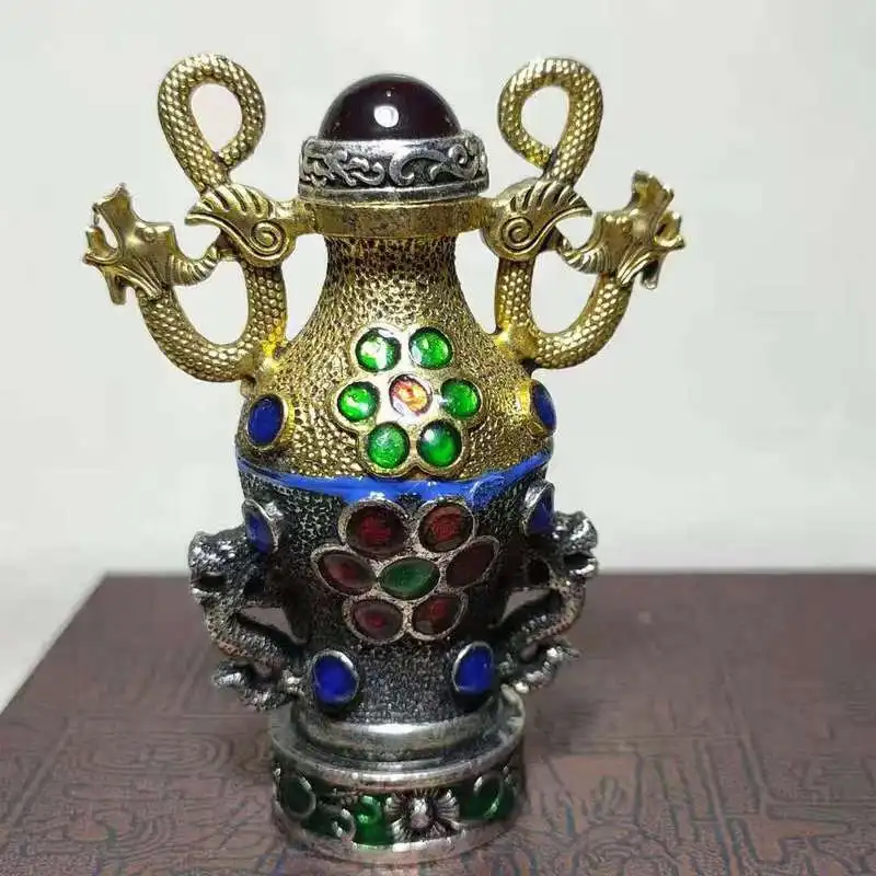 - Copper Inlaid With Gemstones Snuff Bottle, Double-Sided Antique Smoking Accessory, Classical Decoratio