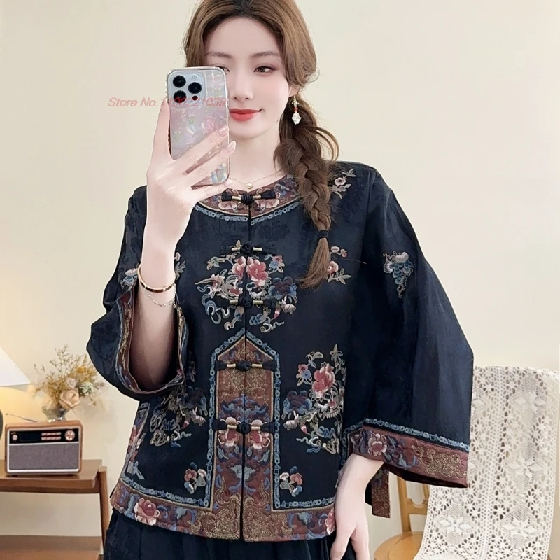 

2025 chinese vintage coat retro hanfu tops national flower embroidery satin jacquard folk jacket traditional o-neck ethnic coat