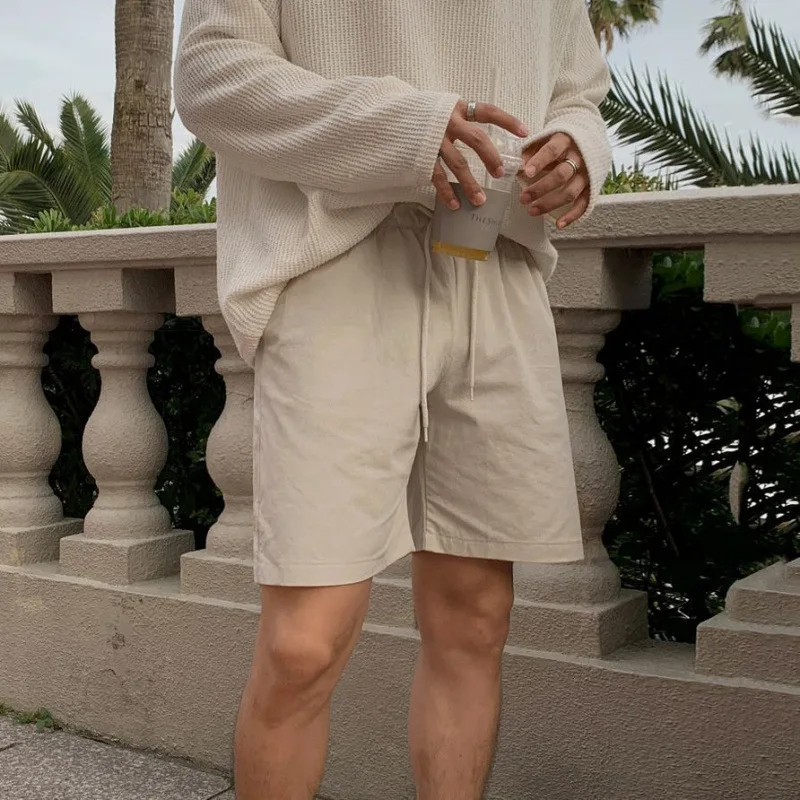 2025 Summer New Fashion Men's Linen Casual Trendy Wide Leg Straight Loose Solid Color Knee Length Drawstring Shorts Male Clothes