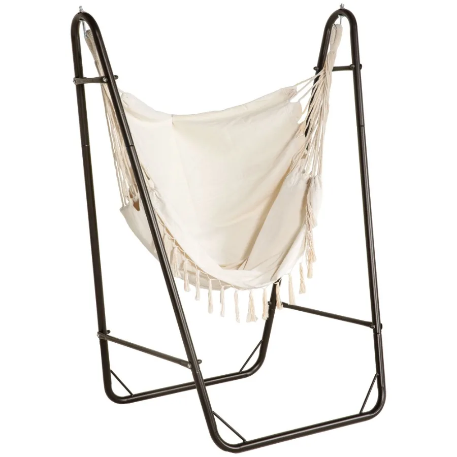 

Patio Hammock Chair with U Shape Stand Outdoor Hammock Swing Hanging Lounge Chair with Side Pocket Brown Cream White
