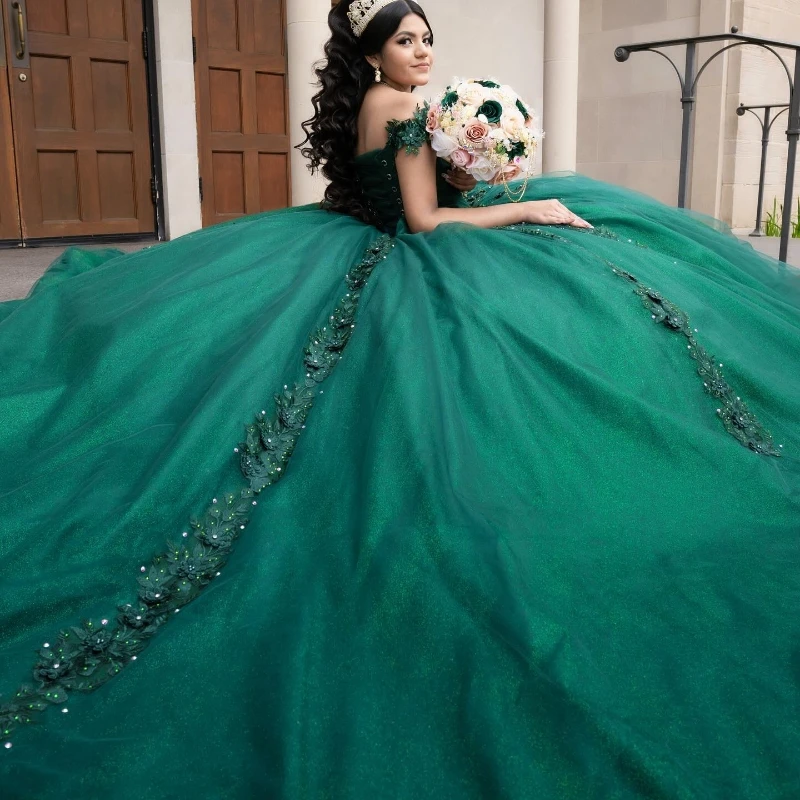 EVLAST Customized Emerald Green Quinceanera Dress Ball Gown Lace Applique Beaded Mexican Sweet 16 Vestidos De 15 Años TQD873