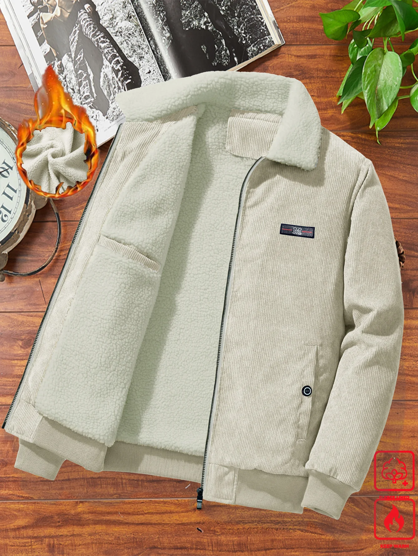 Men Corduroy Jacket Fleece Lined Thick Warm Turn Down Collar Full Zip Coat Winter Casual Outerwear Windproof Mens Jacket