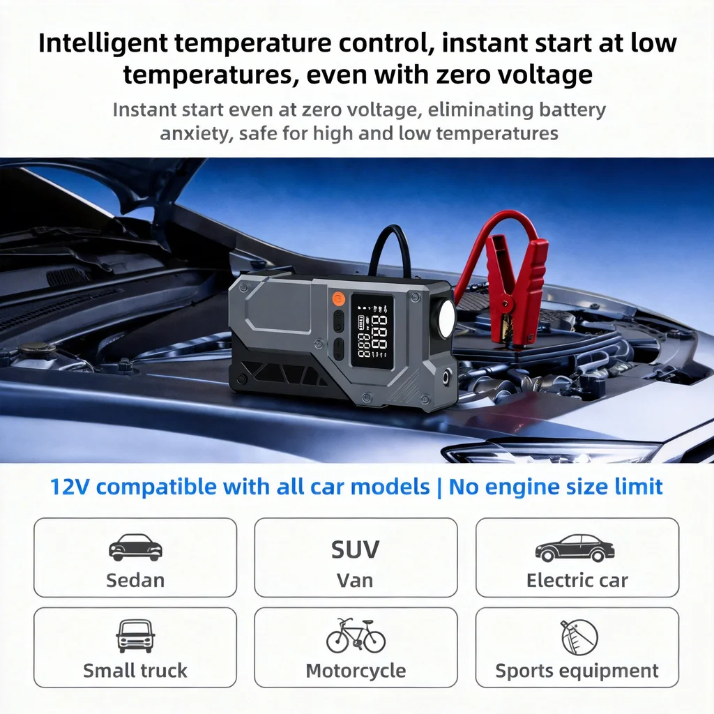 12V Car Jump Starter with Smarter Safety Clamps Digital Tire Inflator Power Bank & SOS Light