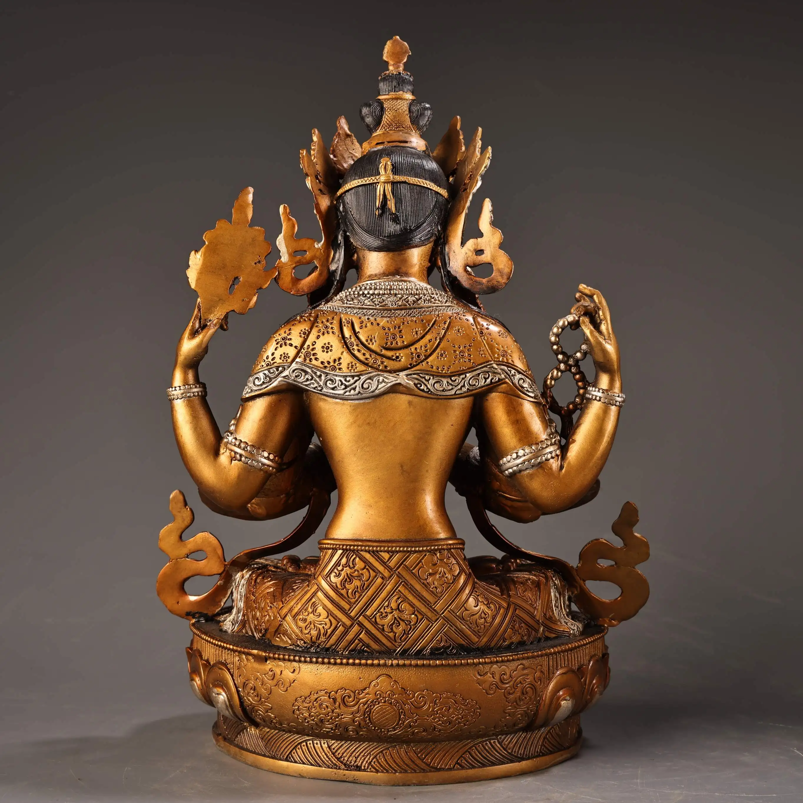 Old Bronze Gilded Silver Painted Four armed Guanyin Bodhisattva Sitting Buddha Lotus Buddha Terrace Amitabha Buddha Worship Hall
