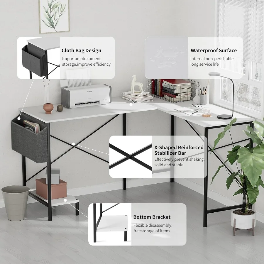 L Shaped Desk Gaming Computer 50 Inch Reversible Corner Table PC Work Table for Writing Study Student with Wood Tabletop Metal
