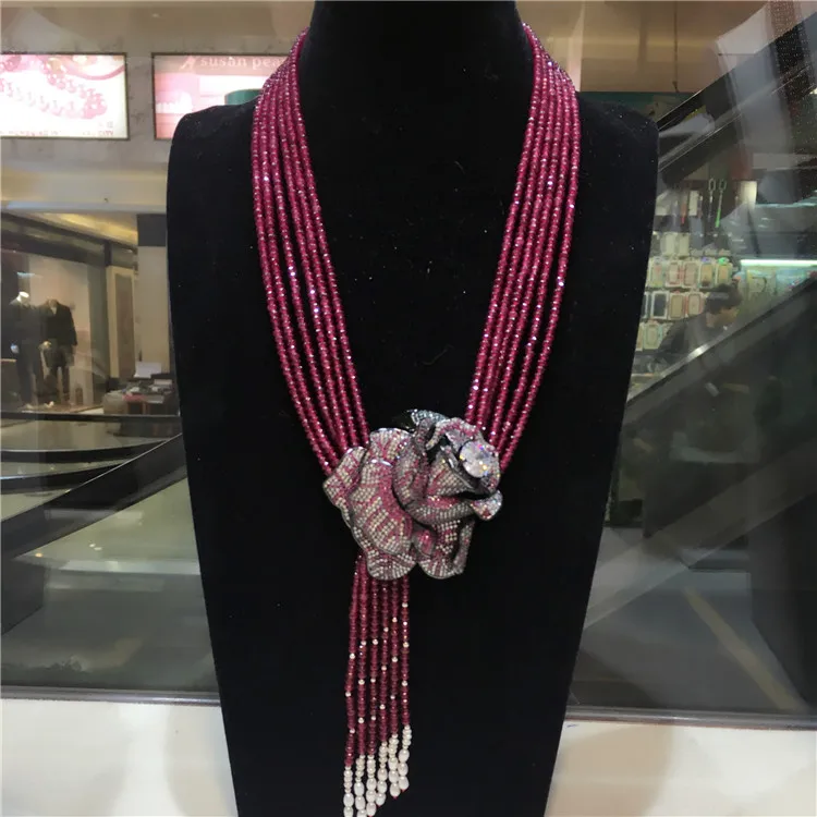 

Hand knotted natural purple stone Rose flower clasp DIY accessory clavicle chain women short multi - layer necklace