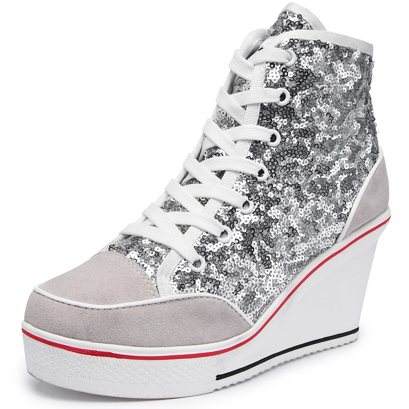 Women Shoes Pink Black Silver Glitter Vulcanize  Woman Platform Wedge Sneakers Casual Zapatos De Mujer