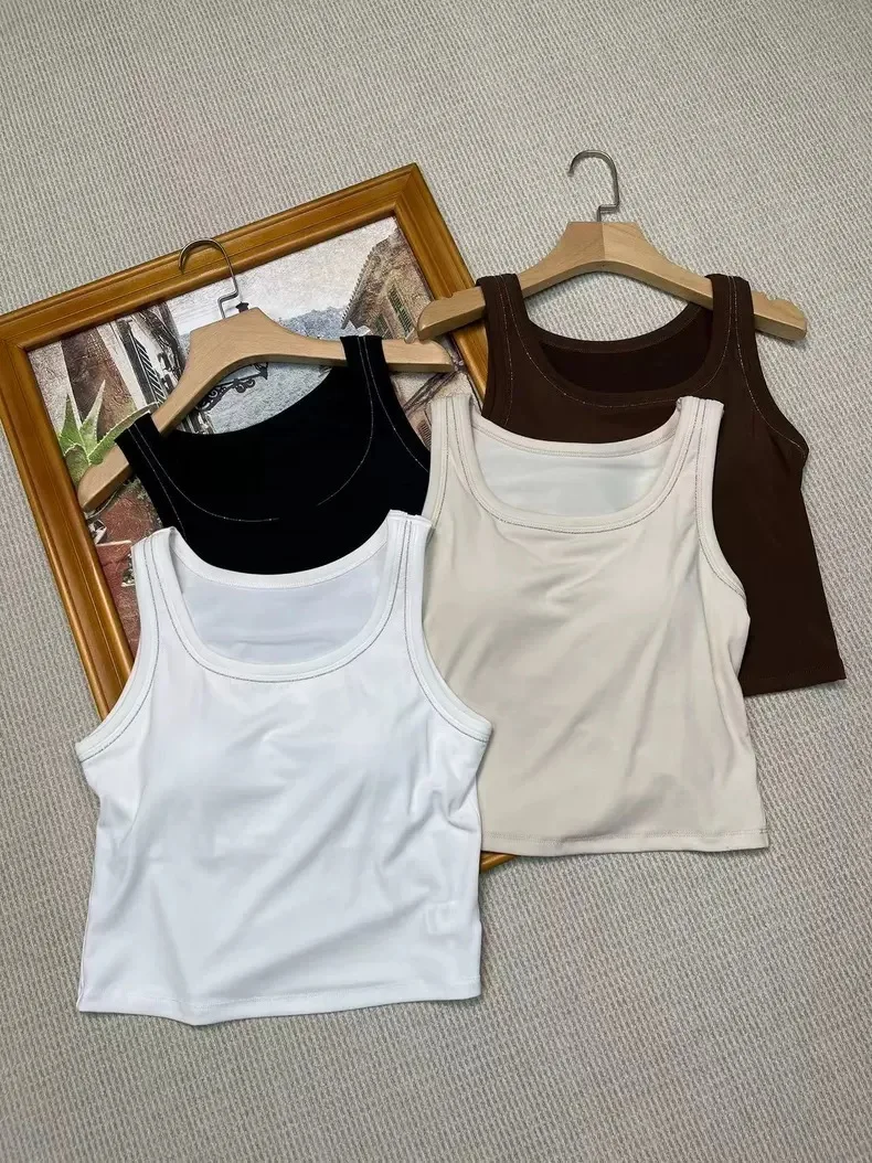 

Women Beaded Tank Tops Round Neck Sleeveless Solid Color Simple Female Vest