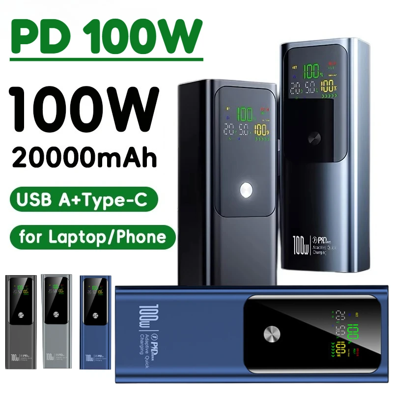 

Для ноутбука PD 100 Вт Power Bank 20000 мАч Внешняя емкость аккумулятора Быстрая зарядка Портативное зарядное устройство Powerbank для iPhone 16 Samsung