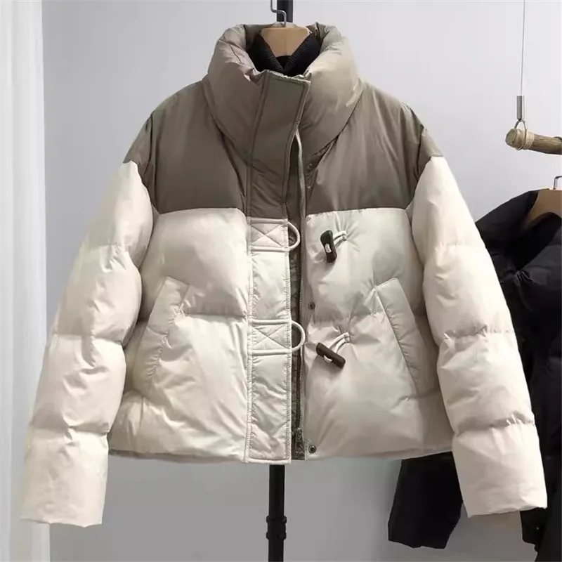 Winter New Korean Color Matching Padded Jacket Women Parkas Fashion Stand Collar Loose Short Thick Warm Cotton Coat Female B500