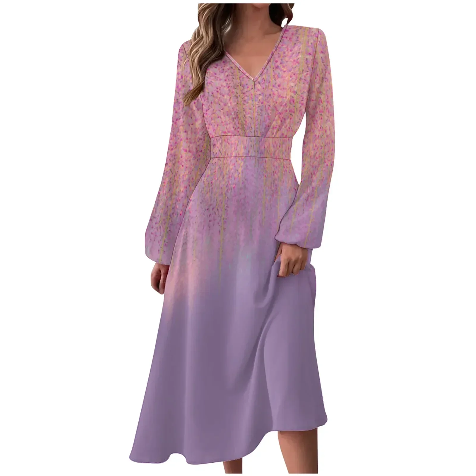 

Women's Spring and Autumn New Fashion and Elegant Pullover Print V-Neck Panel Flare Long Sleeve Slim Fit Mid Length Dress