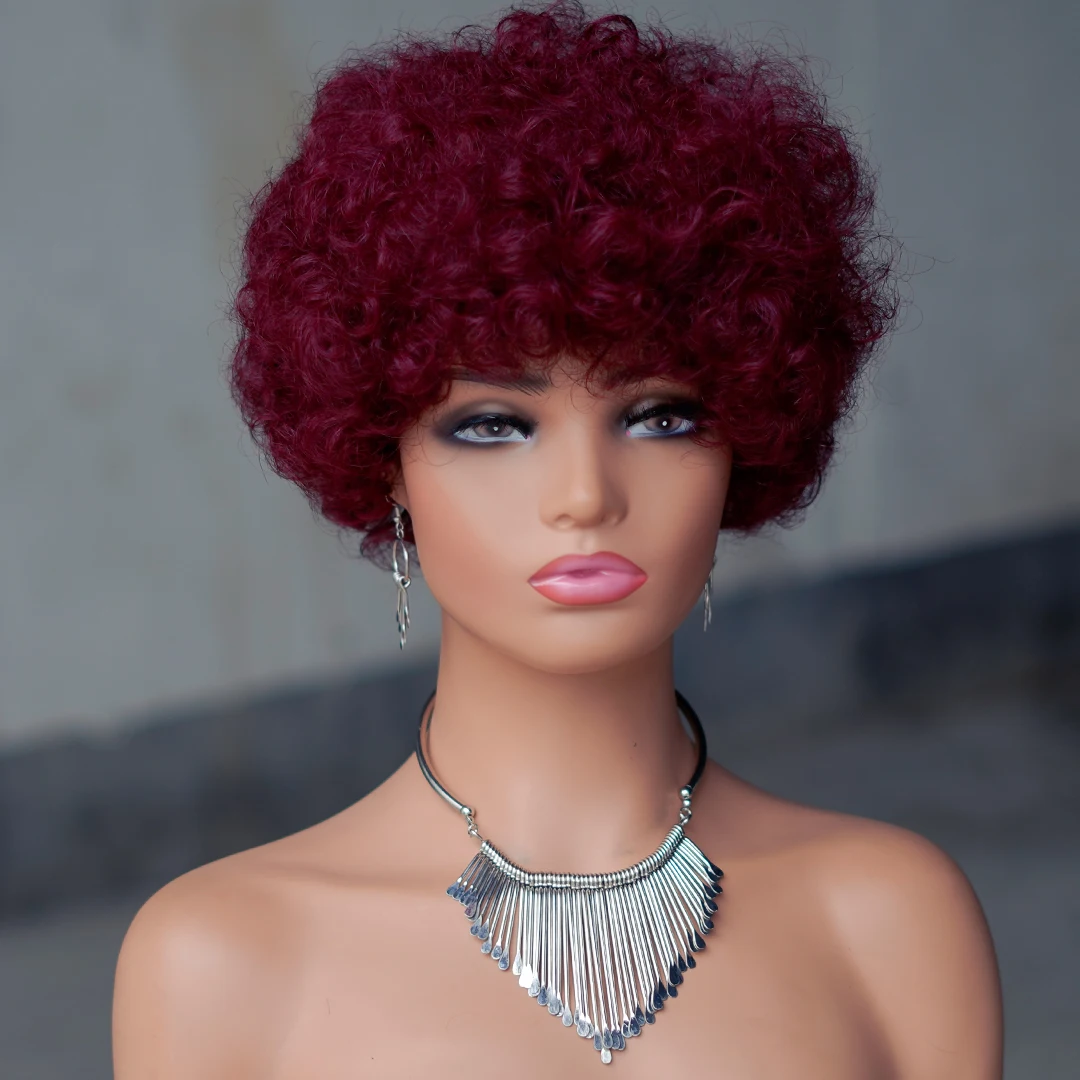 Short Afro Curly Wave Brazilian Human Hair Wigs Afro Puff Kinky Curly Wig For Women Black Brown Red Color Full Machine Wig