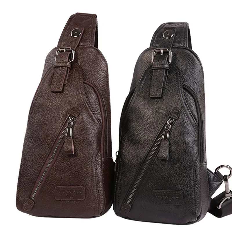 Men High Quality Genuine Leather Cowhide Fashion Chest Sling Back Pack Riding Cross Body Messenger Single Shoulder Bag