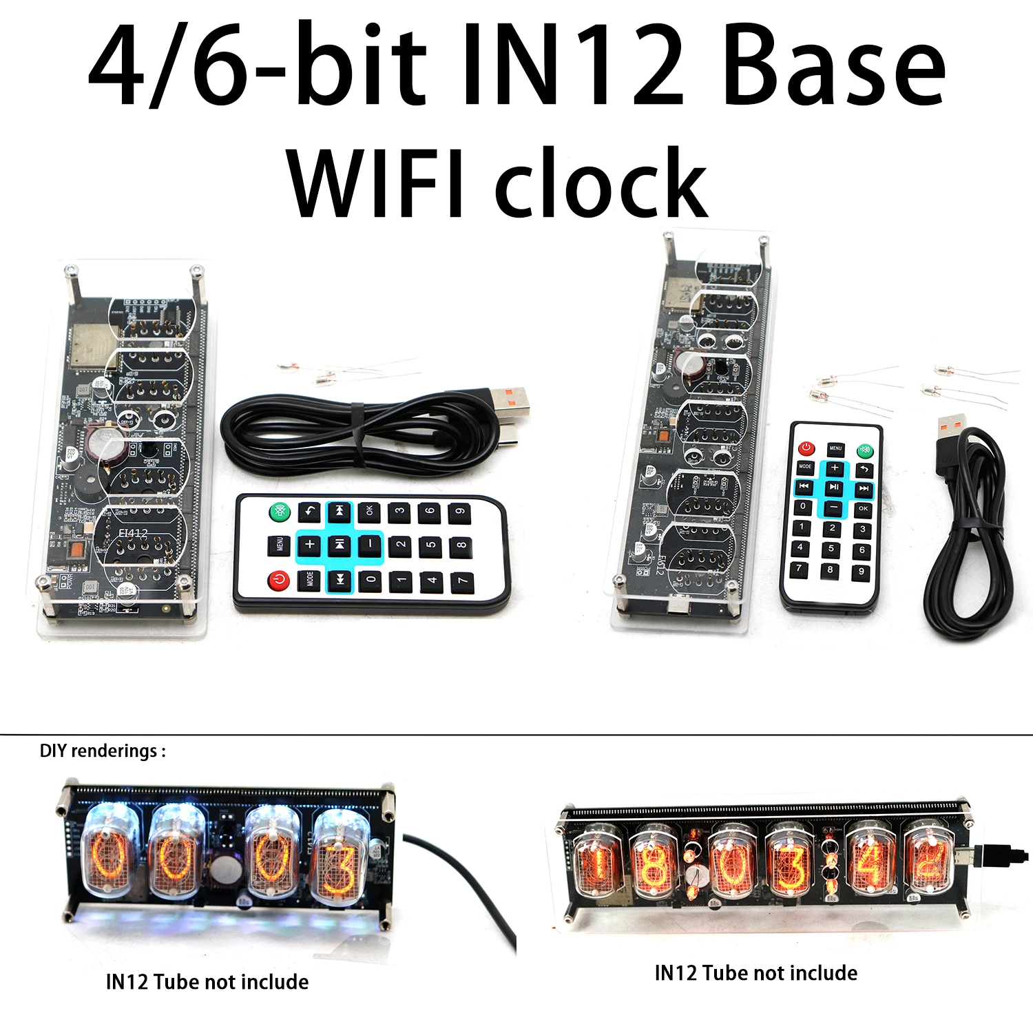 

Часы Nixie IN12 (4/6-битные) с трубками IN-12, Wi-Fi, будильником, отображением времени (12/24 часа), температуры, дистанционным управлением, питанием Type-C