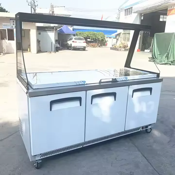 Custom Three Door Commercial Salad bar Counter Display Chiller with Glass Cover