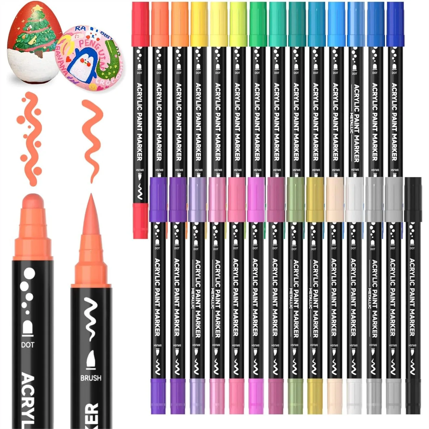 

28 Colors Dual Tip Acrylic Paint Markers, Brush & Dot Tips for Rock, Ceramic, Wood, Canvas, Glass, DIY Crafts
