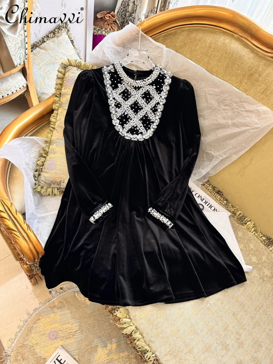 

Autumn and Winter New Fashion Velvet Long Sleeves Dress Women High-End Handmade Embroidery Beads Elegant Ladies Party Dress