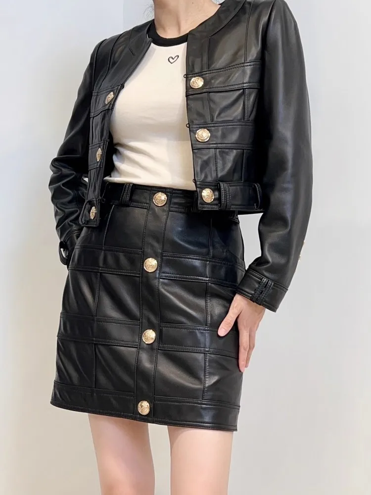 Slim Fit High Waist Women Genuine Leather Jacket O-Neck Long Sleeve Double Breasted Fashion Designer Lady Sheepskin Short Coat