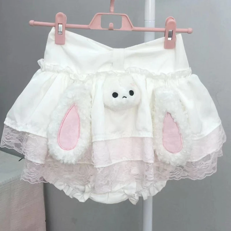 Deeptown Japanese Style Kawaii Bunny Mini Skirt Women Sweet Lolita Lace Short Skirts Cutecore Cake Layered Skirts Aesthetics